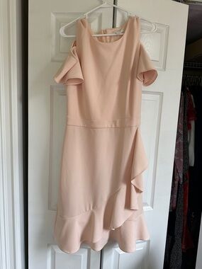 London Times Blush Pink Cold-Shoulder Ruffle Midi Dress